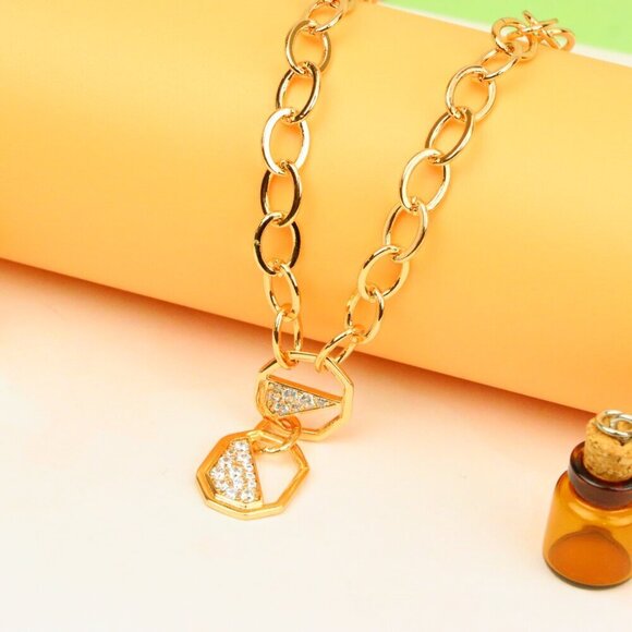 "Rose Gold Chunky Chain Necklace with Crystal Geometric Charms, XPNL1889 - Picture 1 of 12